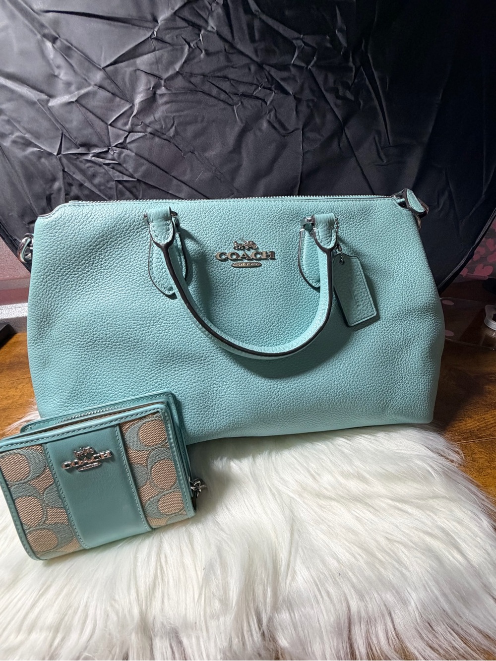 Coach Pebble Leather Satchel in light blue with matching wallet